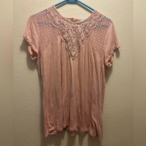 Maurices Blush Pink Crochet Yoke Short Sleeve Tee